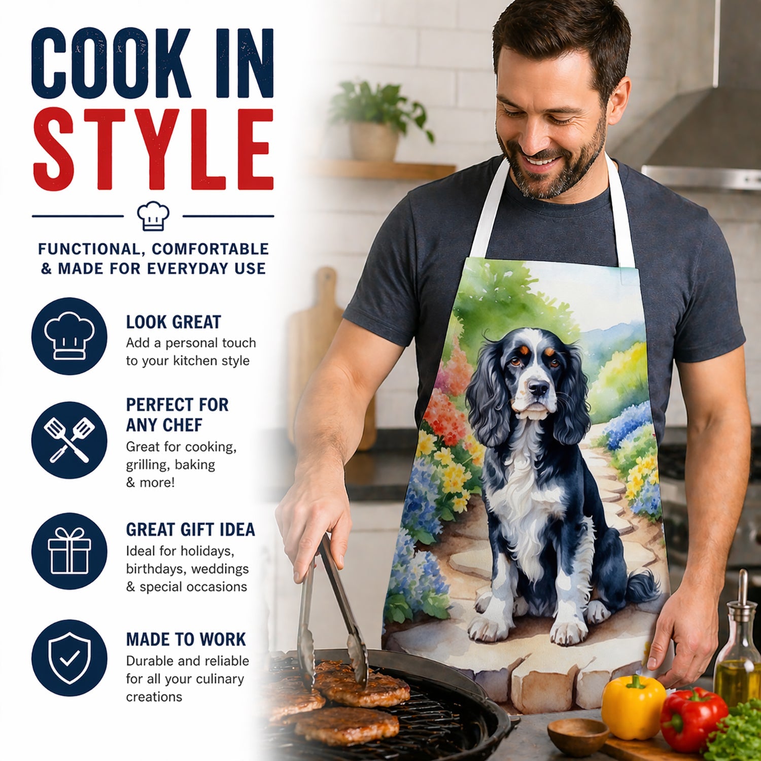 Cocker Spaniel Spring Path Apron Cooking Kitchen Server Baking Crafts Gardening for Adult Women Men, Unisex, Large, Multicolor