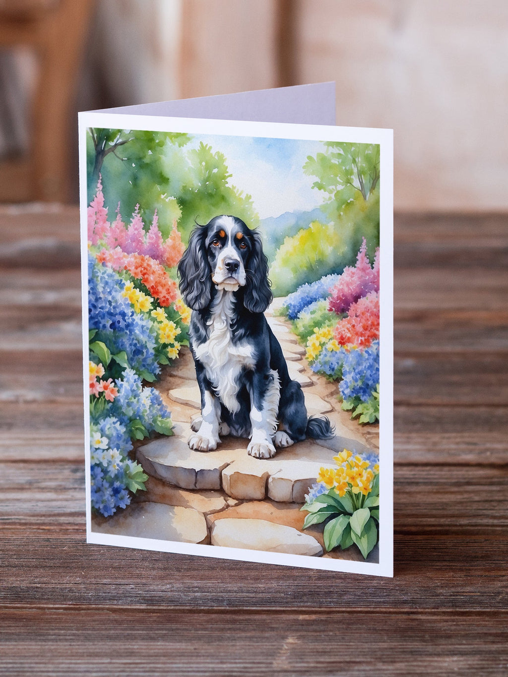 Cocker Spaniel Spring Path Greeting Cards Pack of 8 Blank Cards with Envelopes Whimsical A7 Size 5x7