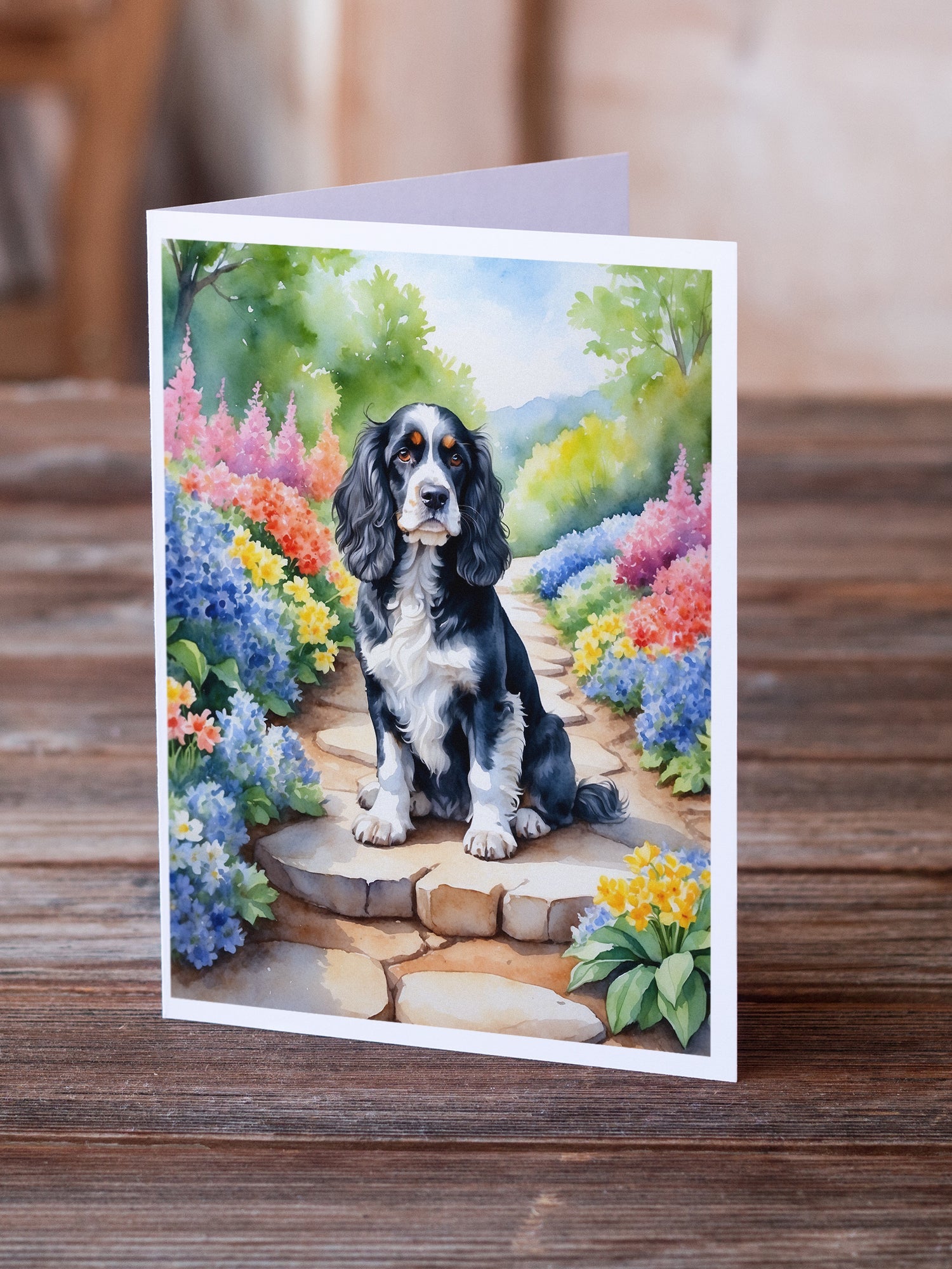 Cocker Spaniel Spring Path Greeting Cards Pack of 8 Blank Cards with Envelopes Whimsical A7 Size 5x7