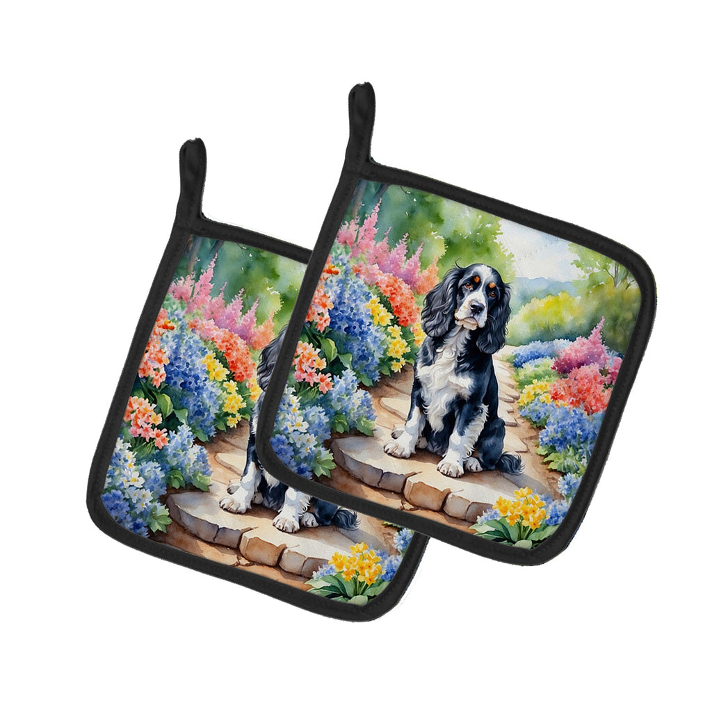 Cocker Spaniel Spring Path Pot Holder Set of 2 Heat Resistant Quilted Hot Pads 7.5 x 7.5 Inch, Insulated Kitchen Trivets for Cooking & Baking