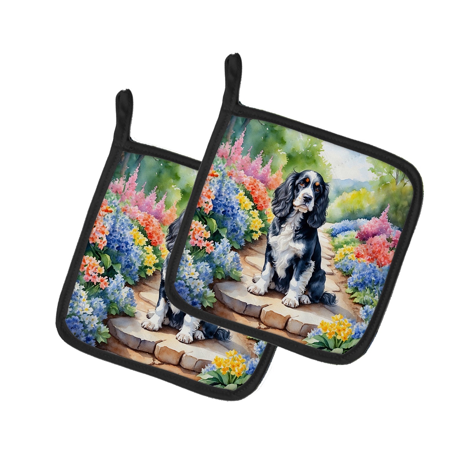 Cocker Spaniel Spring Path Pot Holder Set of 2 Heat Resistant Quilted Hot Pads 7.5 x 7.5 Inch, Insulated Kitchen Trivets for Cooking & Baking