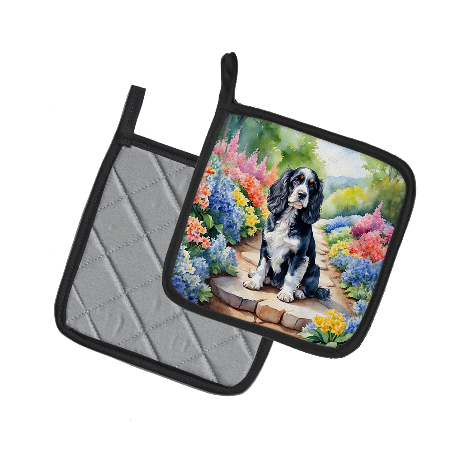 Cocker Spaniel Spring Path Pot Holder Set of 2 Heat Resistant Quilted Hot Pads 7.5 x 7.5 Inch, Insulated Kitchen Trivets for Cooking & Baking