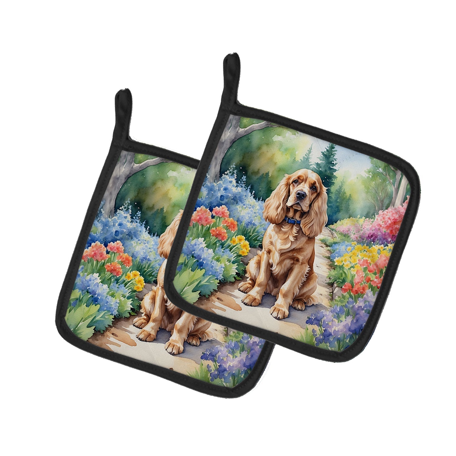 Cocker Spaniel Spring Path Pot Holder Set of 2 Heat Resistant Quilted Hot Pads 7.5 x 7.5 Inch, Insulated Kitchen Trivets for Cooking & Baking