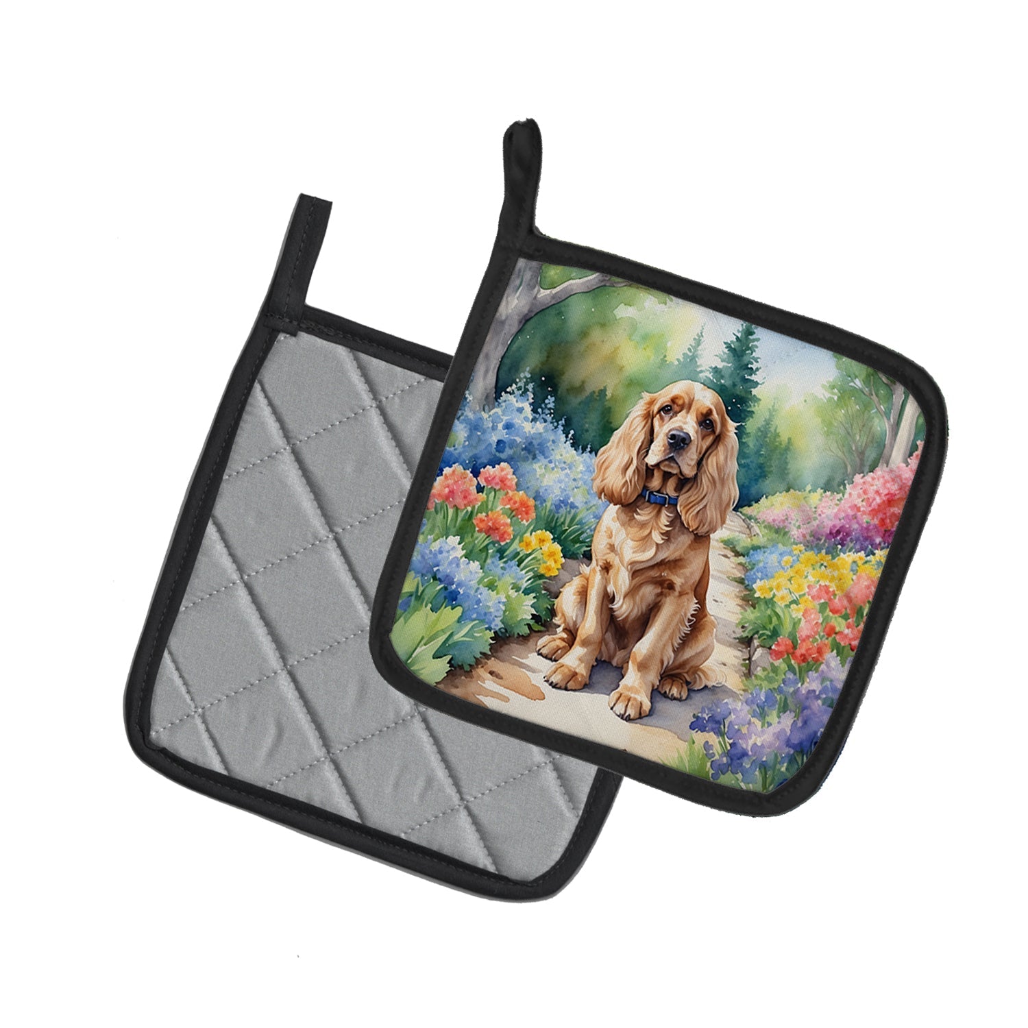 Cocker Spaniel Spring Path Pot Holder Set of 2 Heat Resistant Quilted Hot Pads 7.5 x 7.5 Inch, Insulated Kitchen Trivets for Cooking & Baking