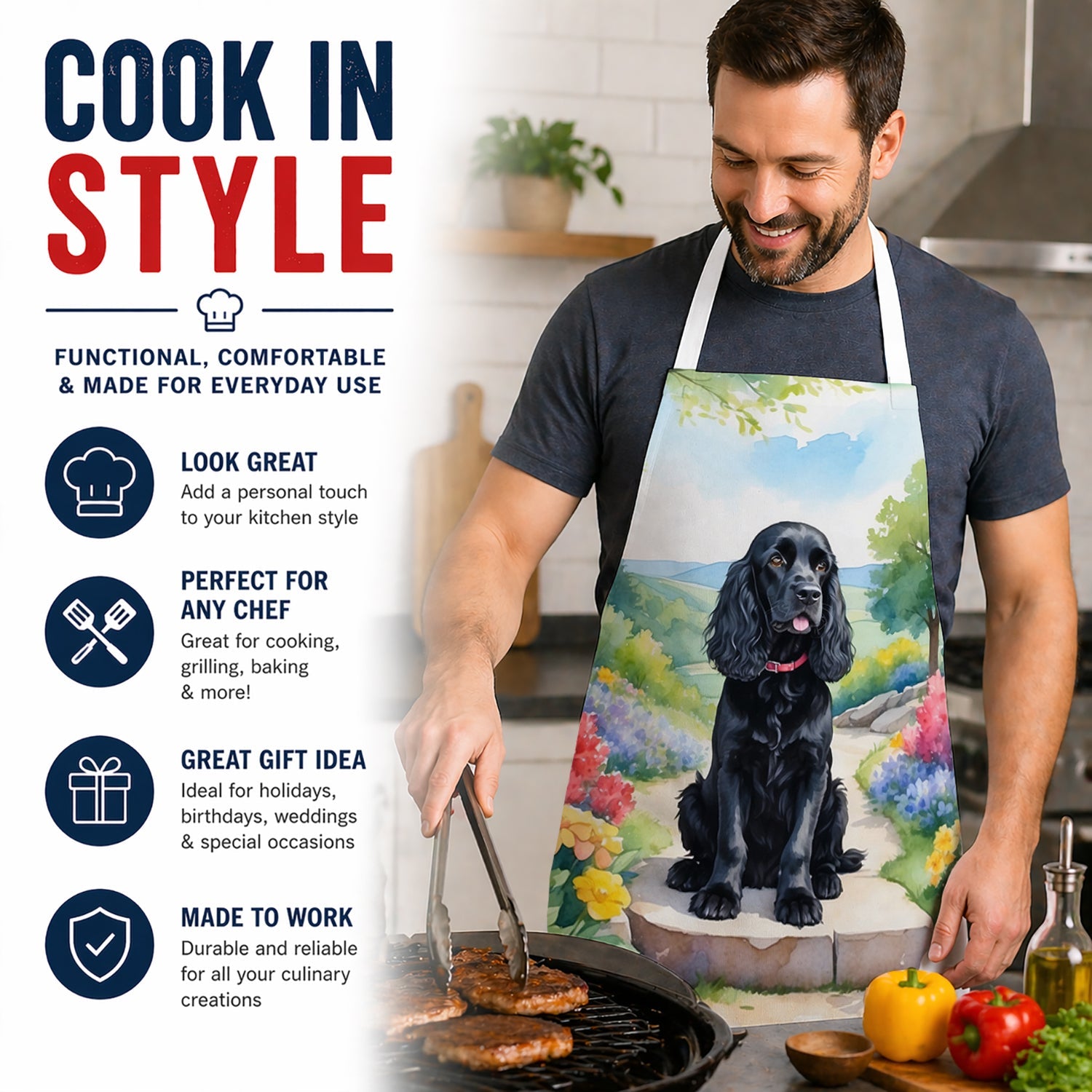 Cocker Spaniel Spring Path Apron Cooking Kitchen Server Baking Crafts Gardening for Adult Women Men, Unisex, Large, Multicolor