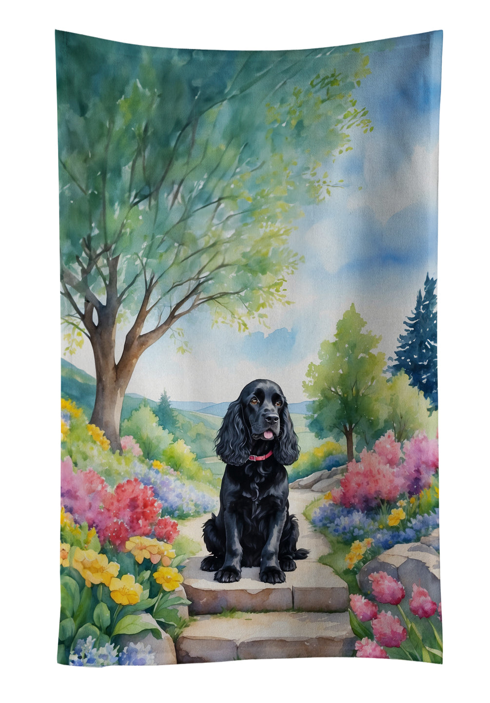 Cocker Spaniel Spring Path Kitchen Towel Velour Plush Front and Cotton Loop Back Machine Washable