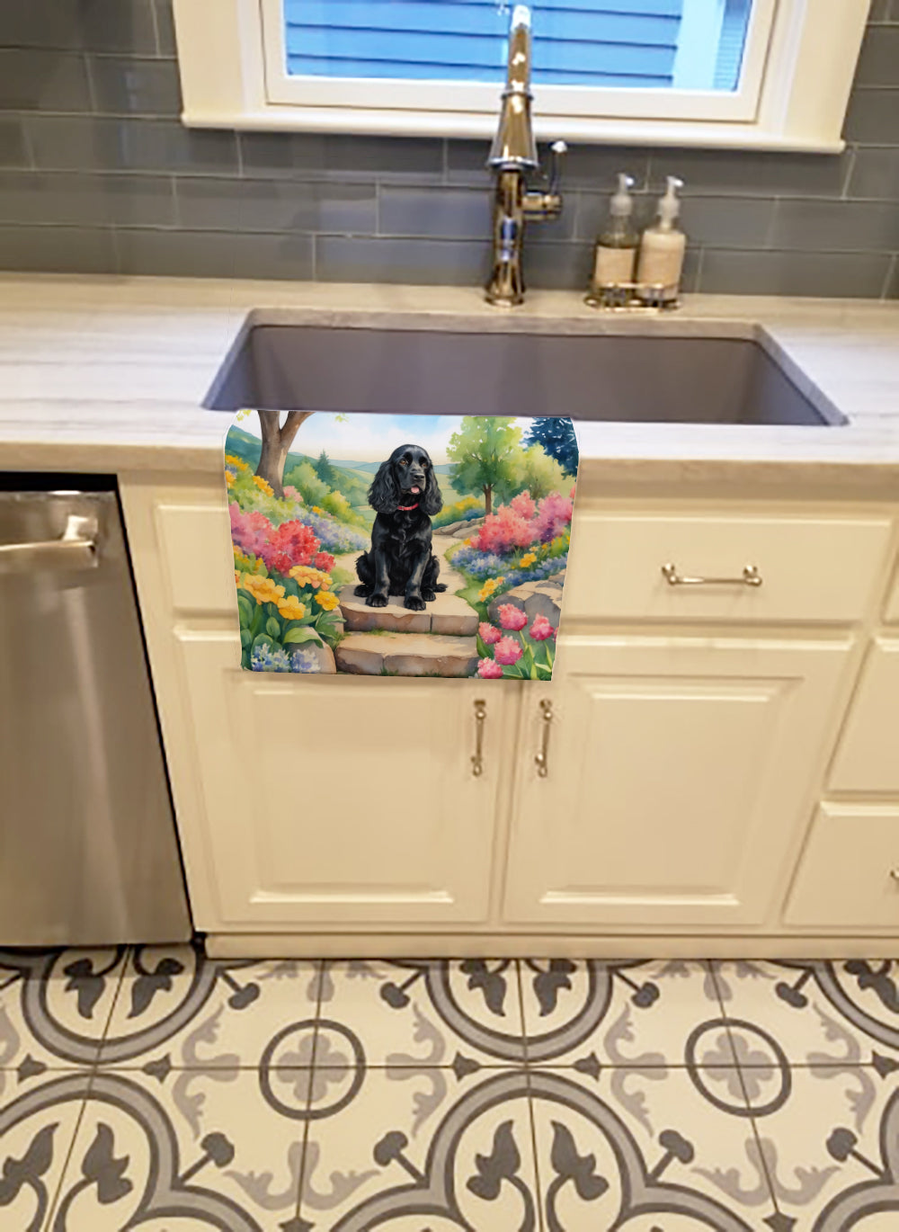 Cocker Spaniel Spring Path Kitchen Towel Velour Plush Front and Cotton Loop Back Machine Washable
