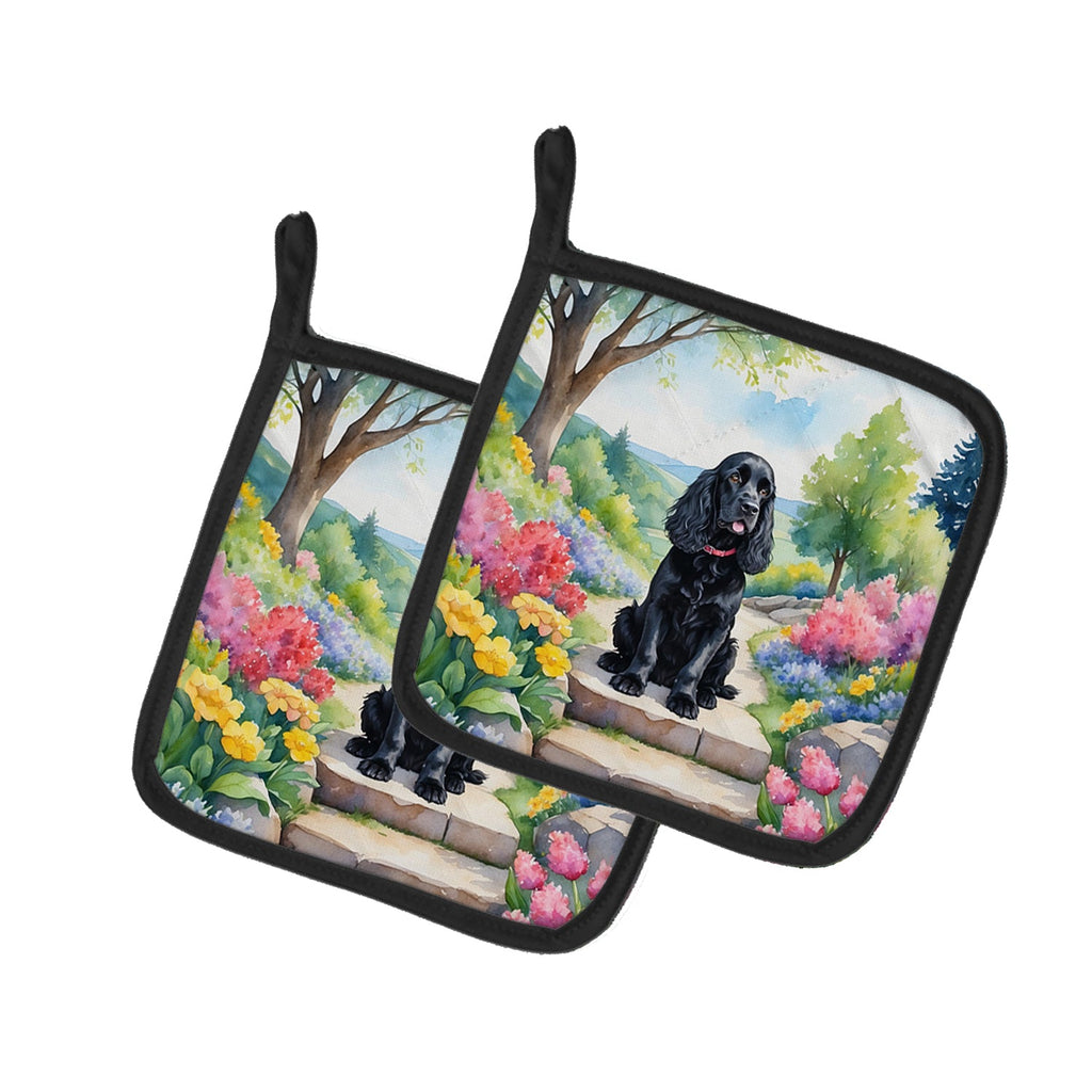Cocker Spaniel Spring Path Pot Holder Set of 2 Heat Resistant Quilted Hot Pads 7.5 x 7.5 Inch, Insulated Kitchen Trivets for Cooking & Baking