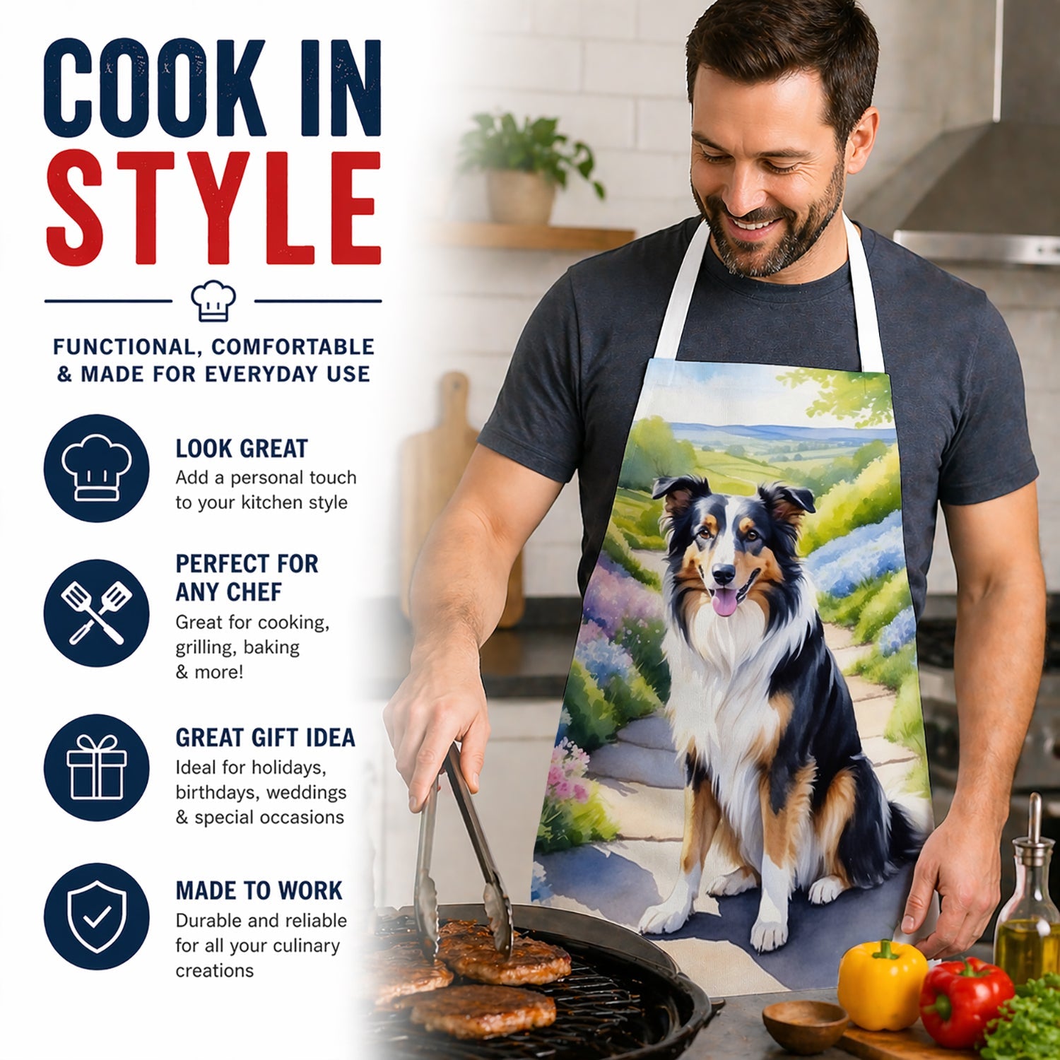Collie Spring Path Apron Cooking Kitchen Server Baking Crafts Gardening for Adult Women Men, Unisex, Large, Multicolor