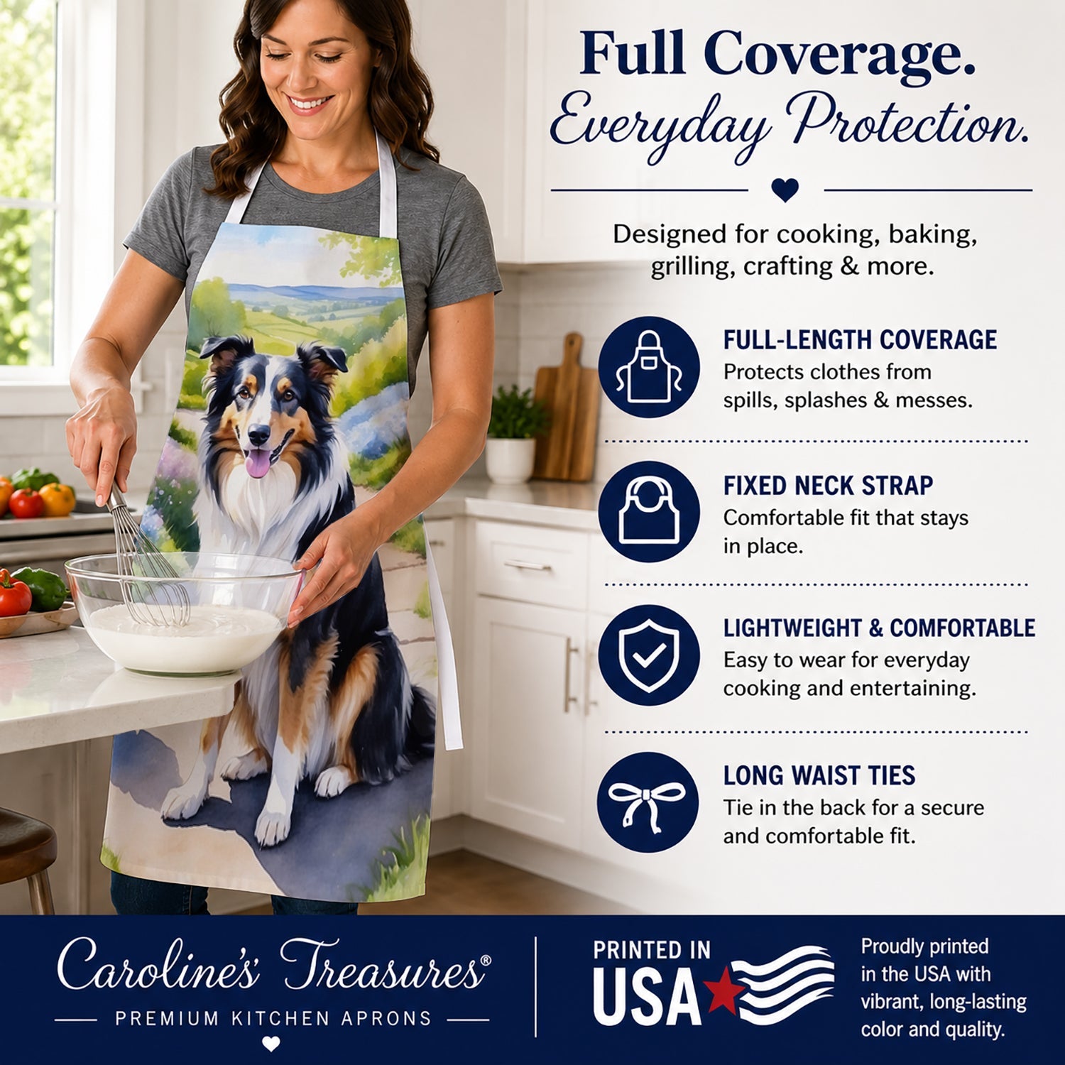 Collie Spring Path Apron Cooking Kitchen Server Baking Crafts Gardening for Adult Women Men, Unisex, Large, Multicolor
