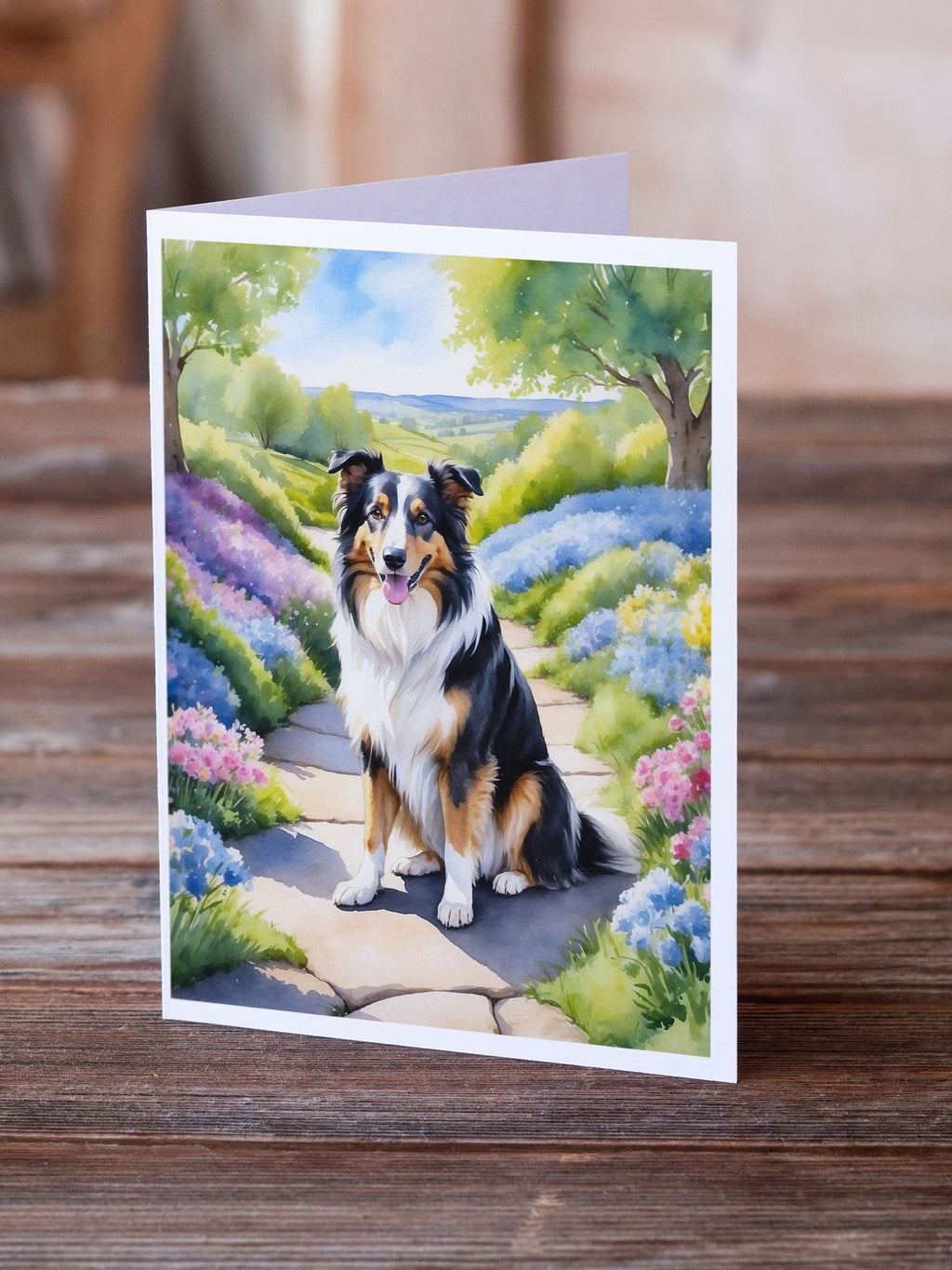 Collie Spring Path Greeting Cards Pack of 8 Blank Cards with Envelopes Whimsical A7 Size 5x7