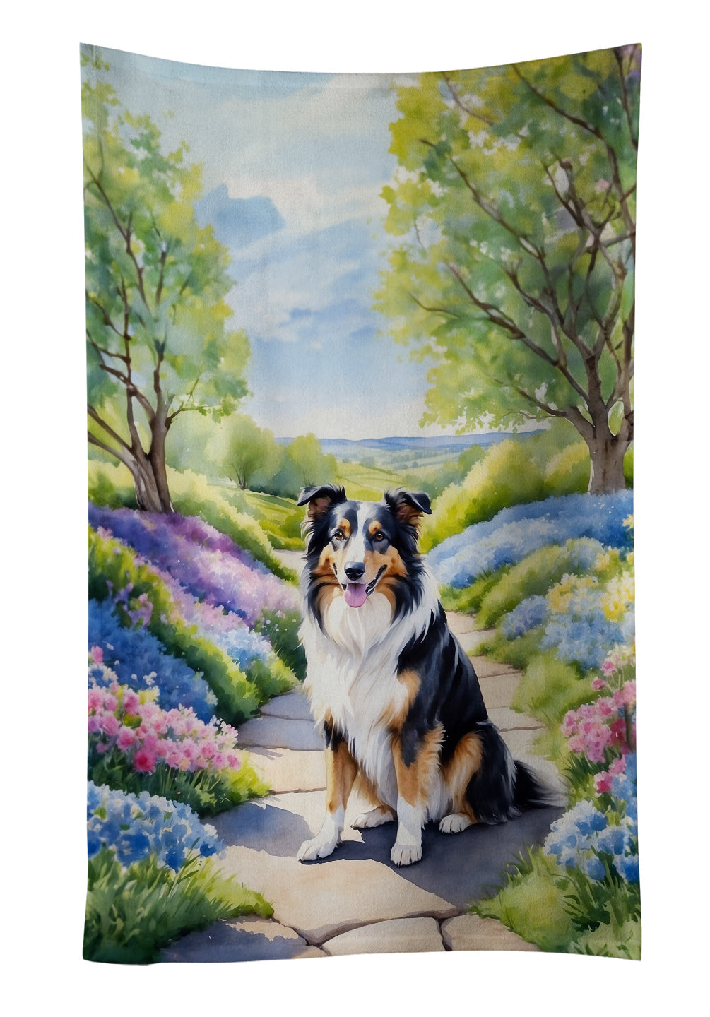 Collie Spring Path Kitchen Towel Velour Plush Front and Cotton Loop Back Machine Washable