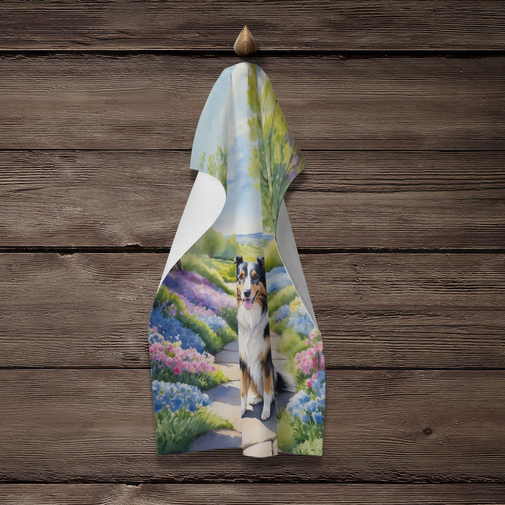 Collie Spring Path Kitchen Towel Velour Plush Front and Cotton Loop Back Machine Washable