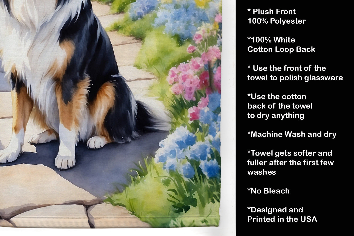 Collie Spring Path Kitchen Towel Velour Plush Front and Cotton Loop Back Machine Washable