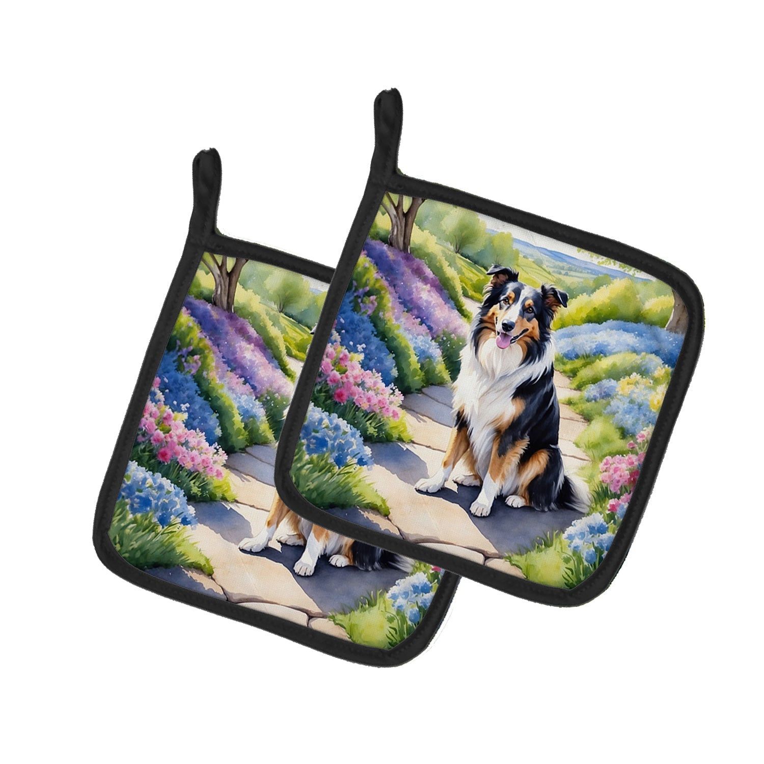 Collie Spring Path Pot Holder Set of 2 Heat Resistant Quilted Hot Pads 7.5 x 7.5 Inch, Insulated Kitchen Trivets for Cooking & Baking