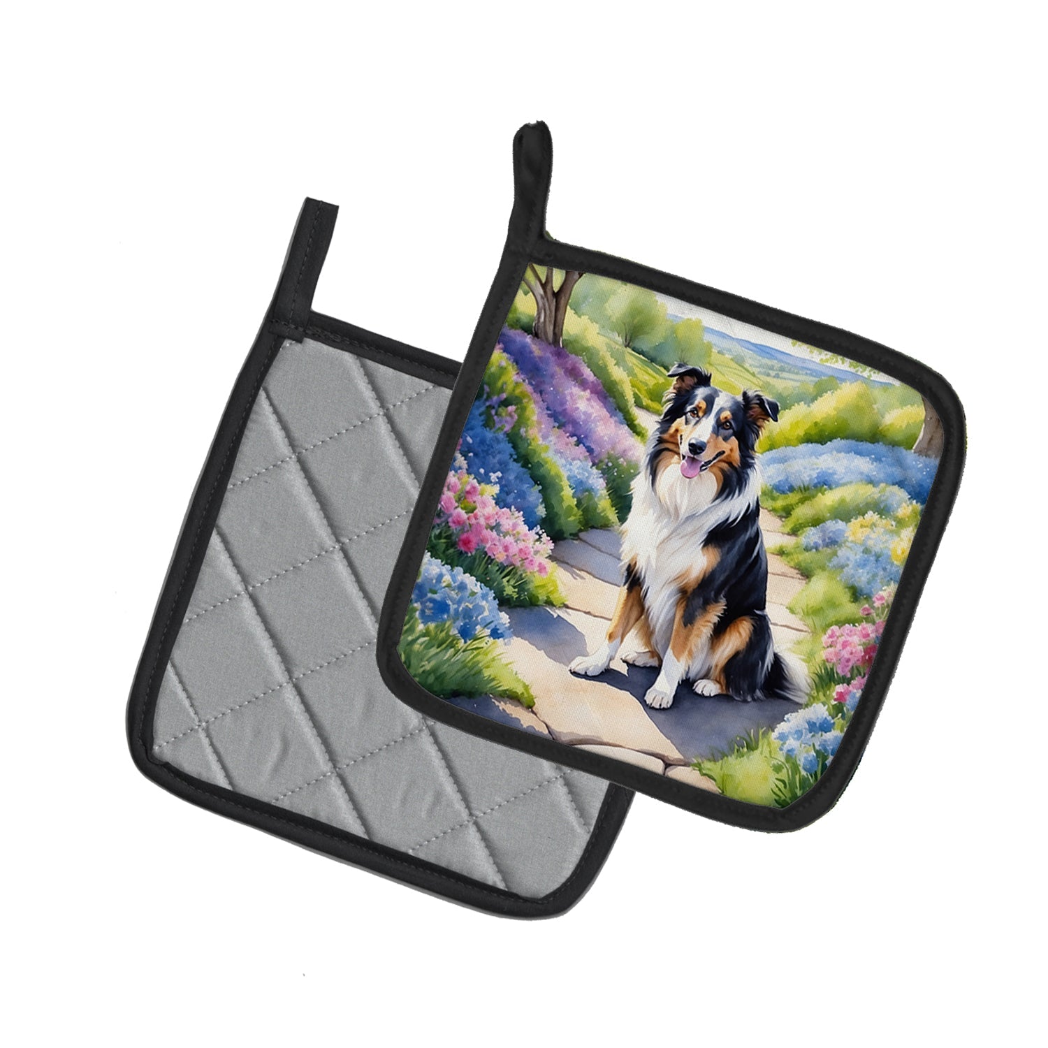Collie Spring Path Pot Holder Set of 2 Heat Resistant Quilted Hot Pads 7.5 x 7.5 Inch, Insulated Kitchen Trivets for Cooking & Baking