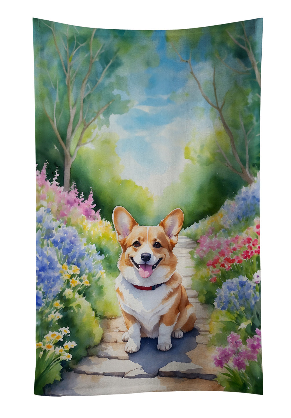 Corgi Spring Path Kitchen Towel Velour Plush Front and Cotton Loop Back Machine Washable