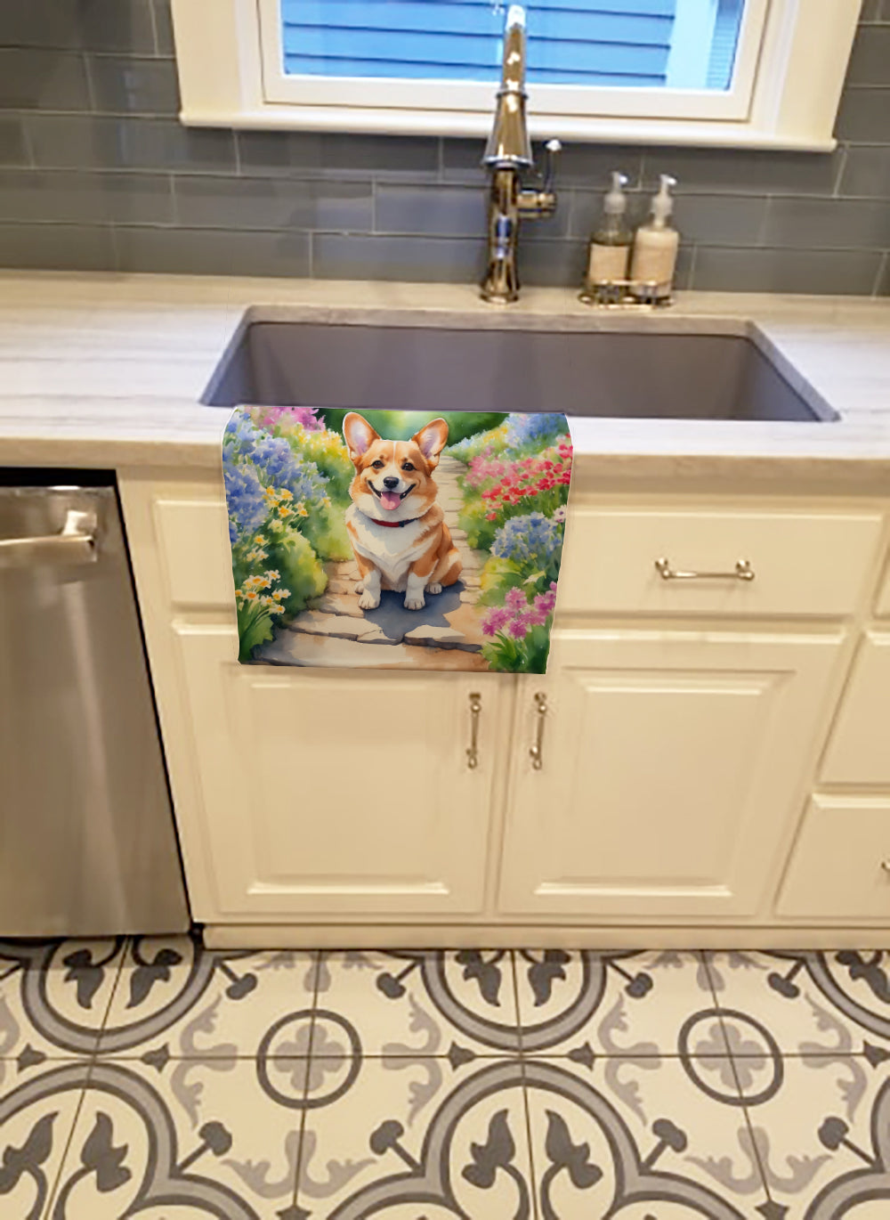 Corgi Spring Path Kitchen Towel Velour Plush Front and Cotton Loop Back Machine Washable