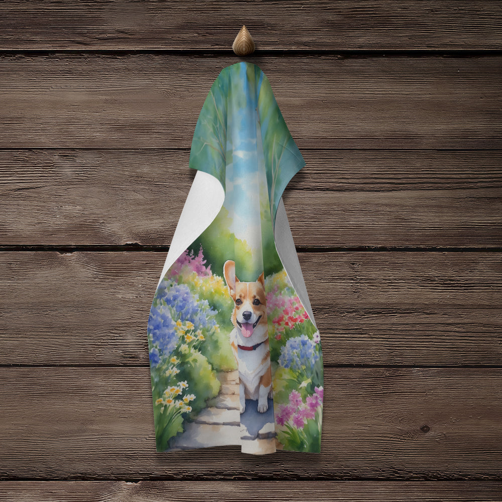 Corgi Spring Path Kitchen Towel Velour Plush Front and Cotton Loop Back Machine Washable