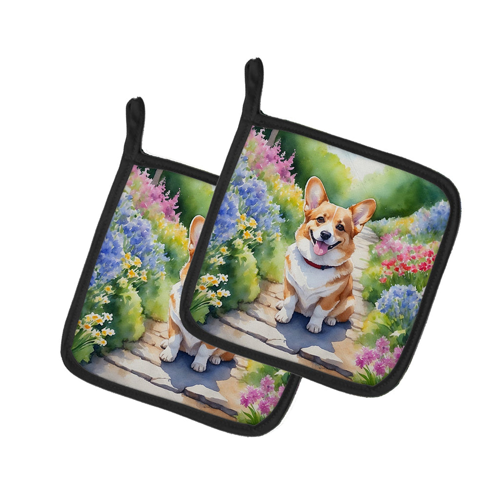 Corgi Spring Path Pot Holder Set of 2 Heat Resistant Quilted Hot Pads 7.5 x 7.5 Inch, Insulated Kitchen Trivets for Cooking & Baking