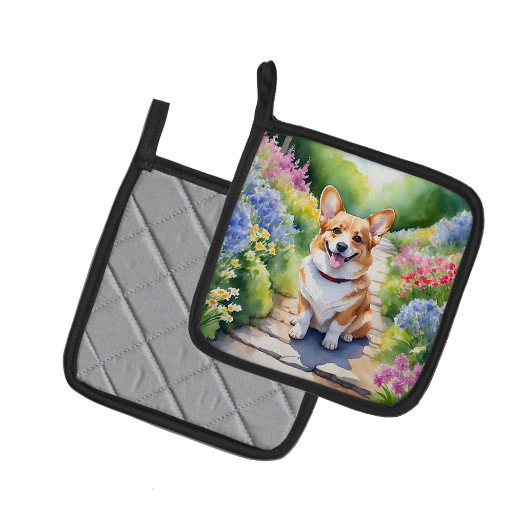 Corgi Spring Path Pot Holder Set of 2 Heat Resistant Quilted Hot Pads 7.5 x 7.5 Inch, Insulated Kitchen Trivets for Cooking & Baking