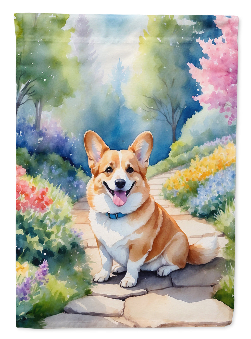 Corgi Spring Path House Flag 28x40 Porch Sleeve Pole Decorative Outside Yard Banner Artwork Wall Hanging, Polyester