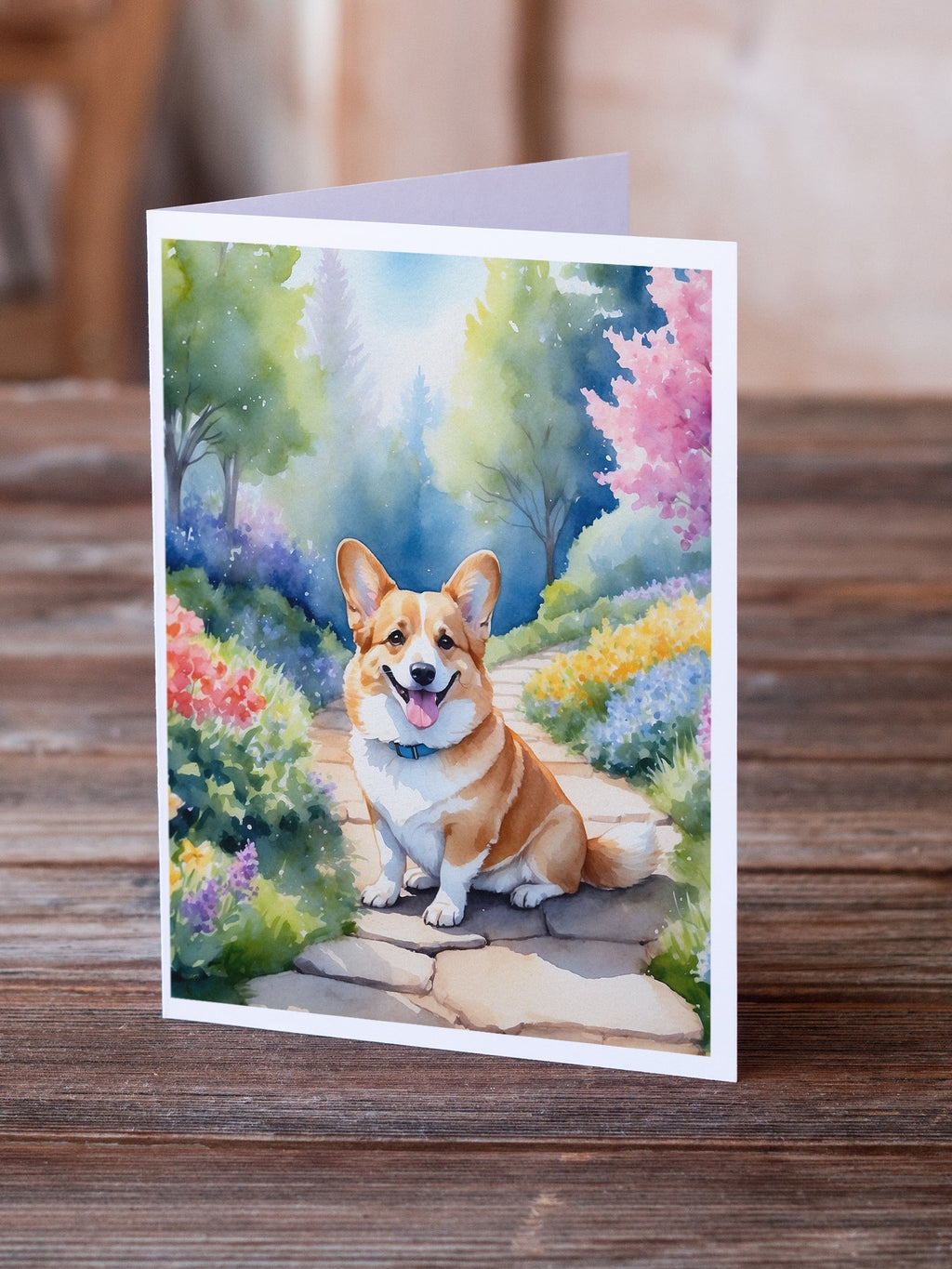 Corgi Spring Path Greeting Cards Pack of 8 Blank Cards with Envelopes Whimsical A7 Size 5x7