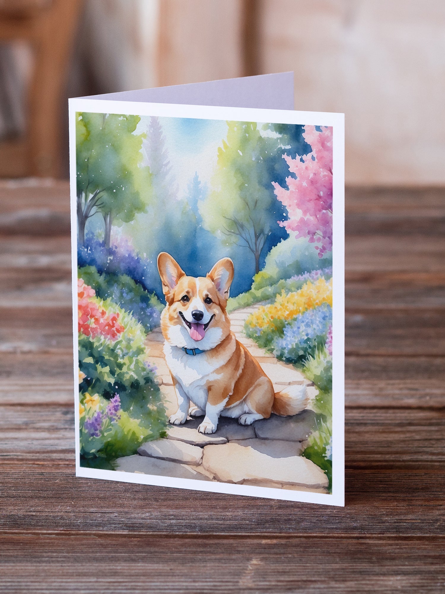 Corgi Spring Path Greeting Cards Pack of 8 Blank Cards with Envelopes Whimsical A7 Size 5x7
