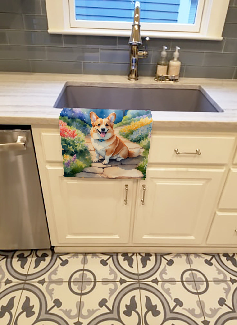 Corgi Spring Path Kitchen Towel Velour Plush Front and Cotton Loop Back Machine Washable