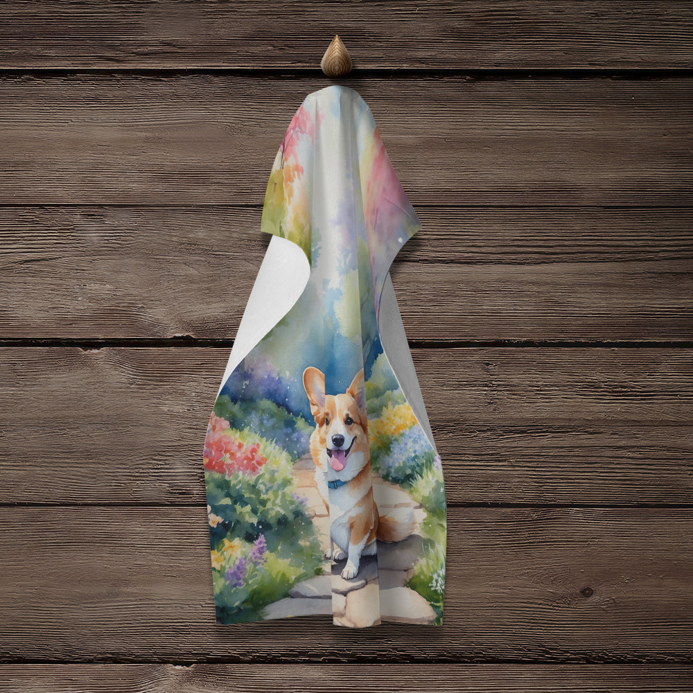Corgi Spring Path Kitchen Towel Velour Plush Front and Cotton Loop Back Machine Washable