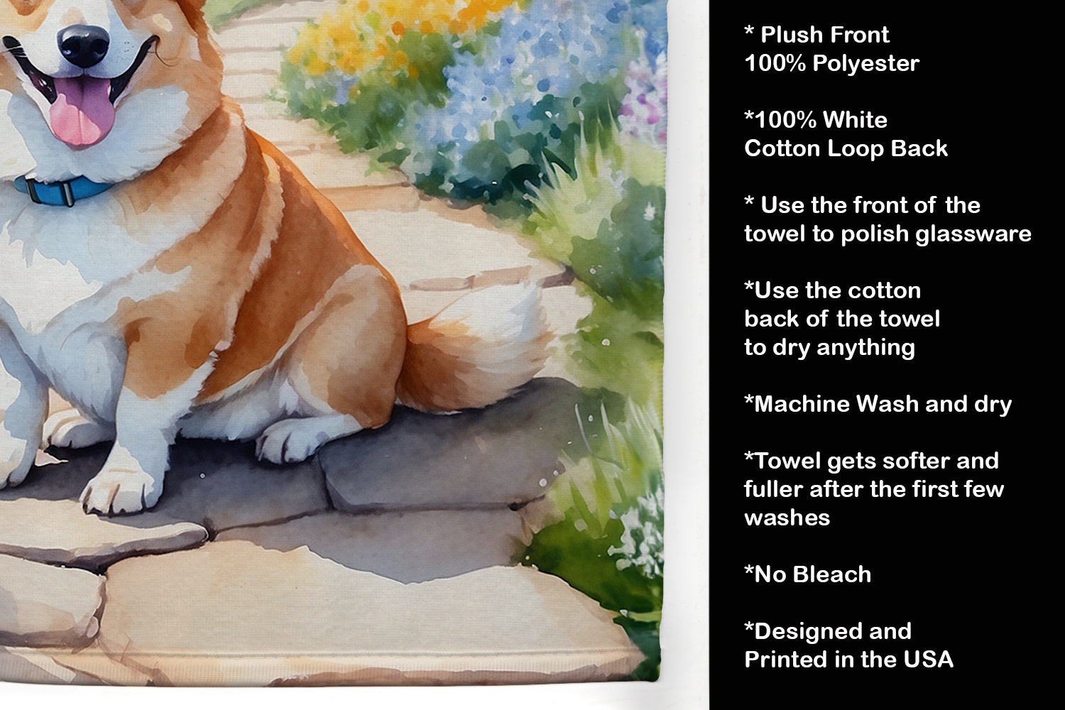 Corgi Spring Path Kitchen Towel Velour Plush Front and Cotton Loop Back Machine Washable
