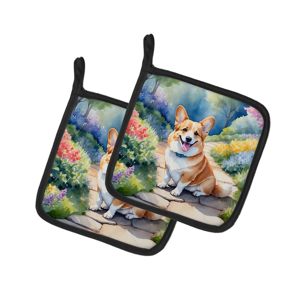 Corgi Spring Path Pot Holder Set of 2 Heat Resistant Quilted Hot Pads 7.5 x 7.5 Inch, Insulated Kitchen Trivets for Cooking & Baking