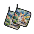 Corgi Spring Path Pot Holder Set of 2 Heat Resistant Quilted Hot Pads 7.5 x 7.5 Inch, Insulated Kitchen Trivets for Cooking & Baking