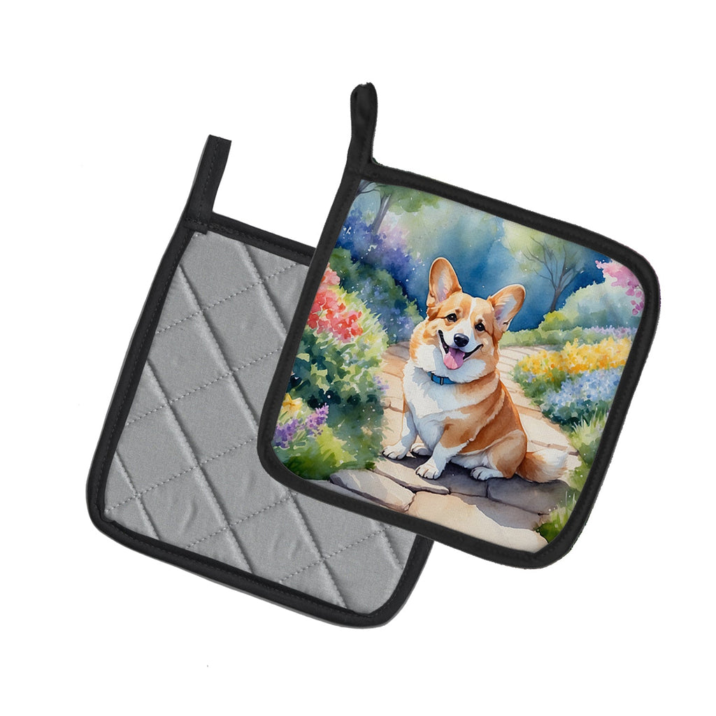 Corgi Spring Path Pot Holder Set of 2 Heat Resistant Quilted Hot Pads 7.5 x 7.5 Inch, Insulated Kitchen Trivets for Cooking & Baking