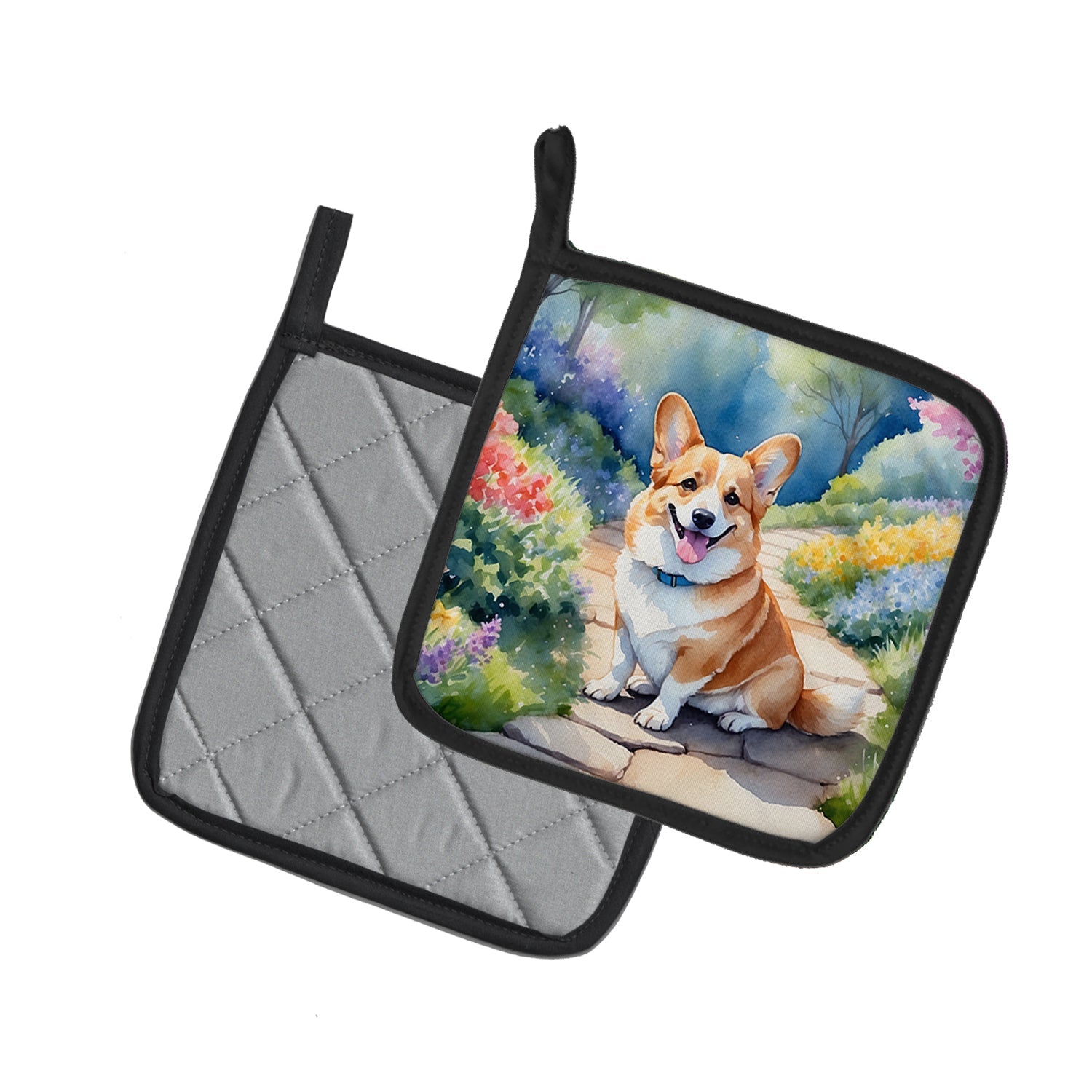 Corgi Spring Path Pot Holder Set of 2 Heat Resistant Quilted Hot Pads 7.5 x 7.5 Inch, Insulated Kitchen Trivets for Cooking & Baking