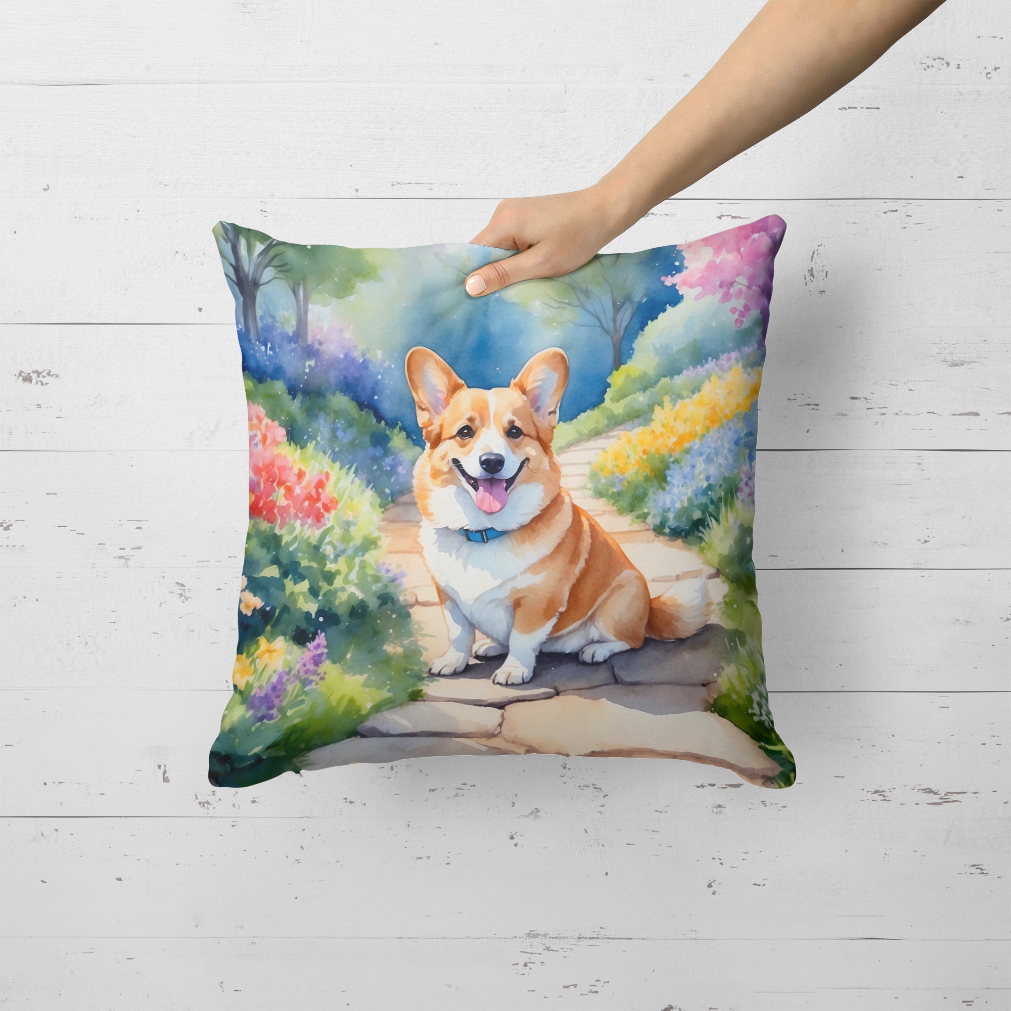 Corgi Spring Path Decorative Throw Pillow 18x18 Indoor Outdoor Accent Cushion, Fabric Cover with Insert for Sofa, Bed, Porch & Living Room