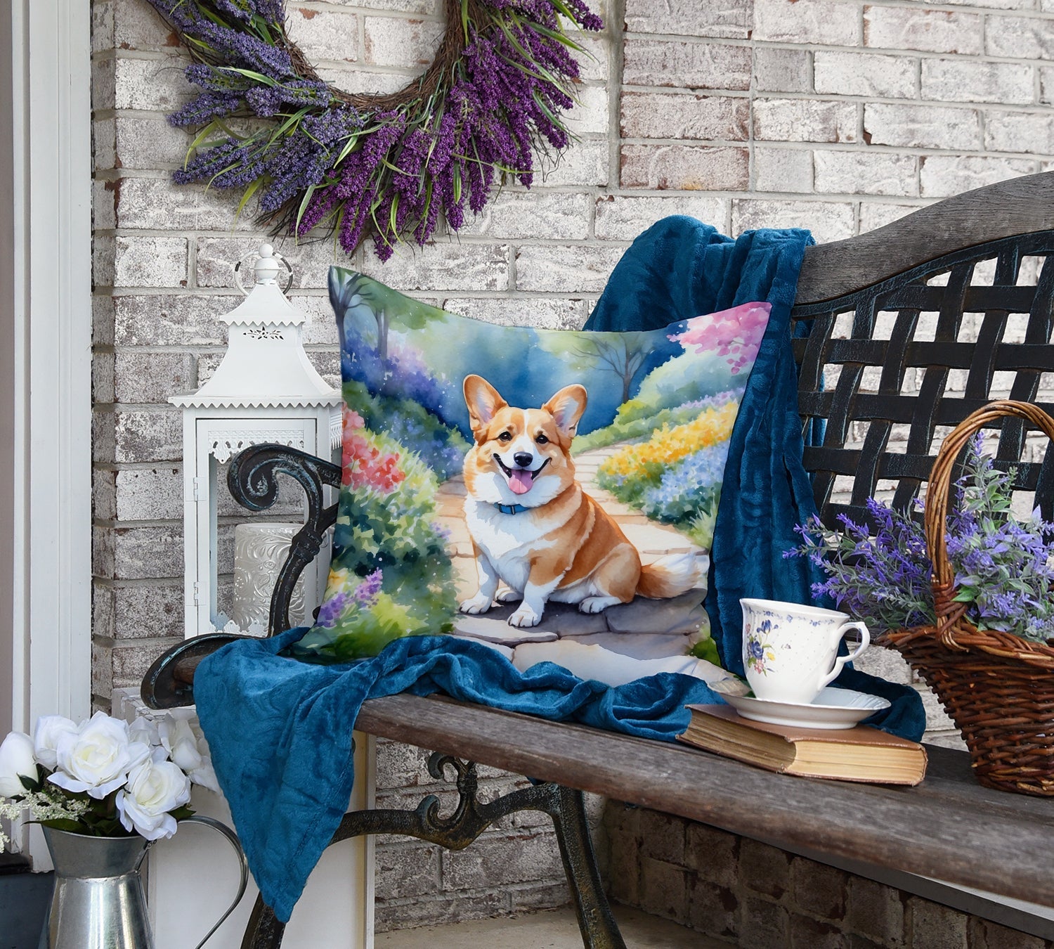 Corgi Spring Path Decorative Throw Pillow 18x18 Indoor Outdoor Accent Cushion, Fabric Cover with Insert for Sofa, Bed, Porch & Living Room