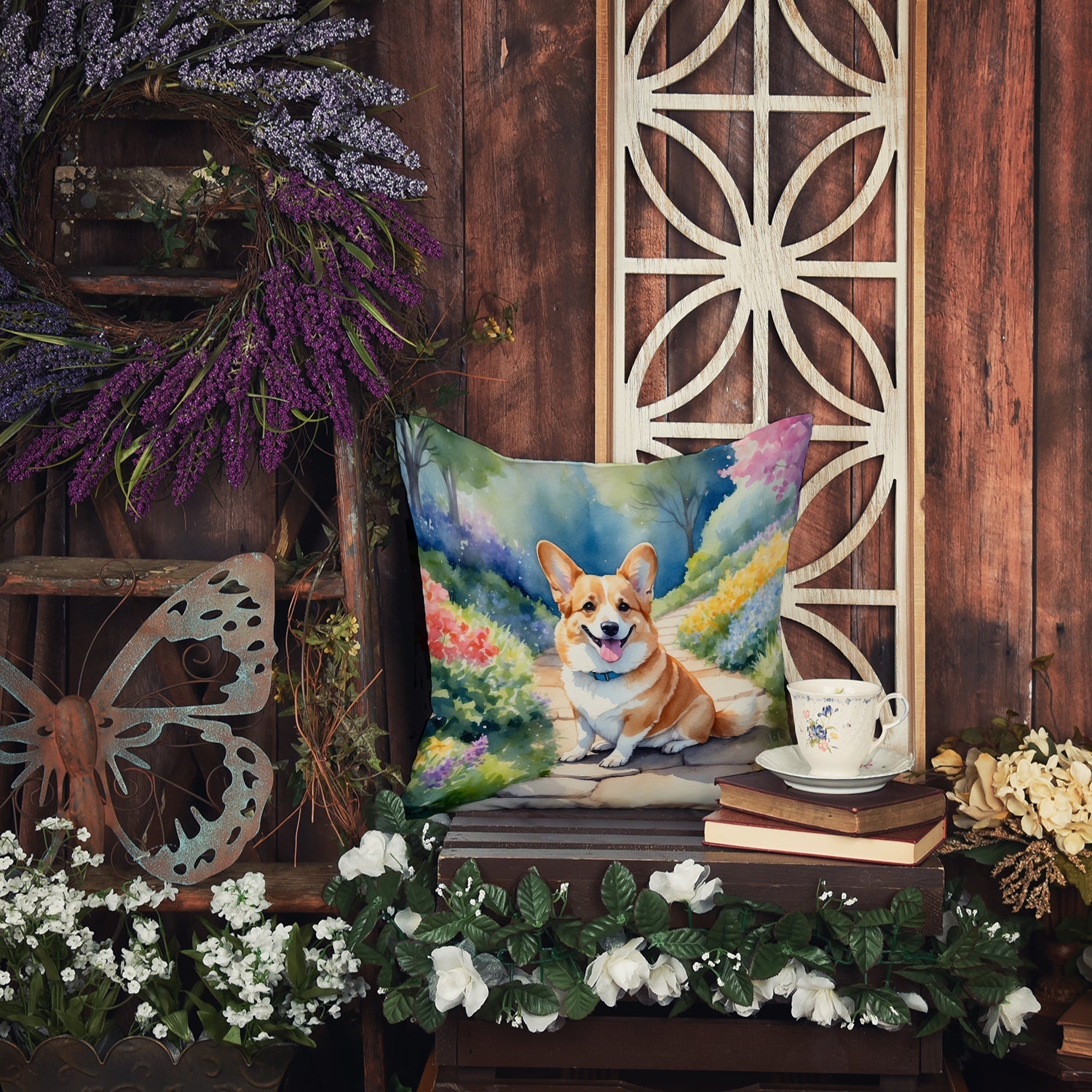 Corgi Spring Path Decorative Throw Pillow 18x18 Indoor Outdoor Accent Cushion, Fabric Cover with Insert for Sofa, Bed, Porch & Living Room