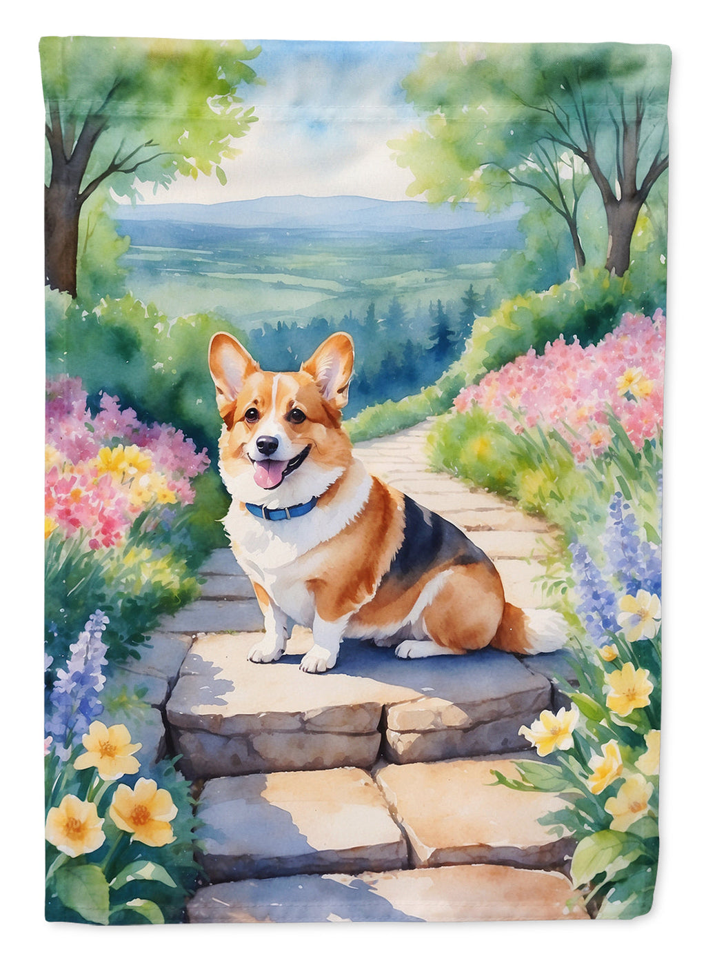 Corgi Spring Path House Flag 28x40 Porch Sleeve Pole Decorative Outside Yard Banner Artwork Wall Hanging, Polyester