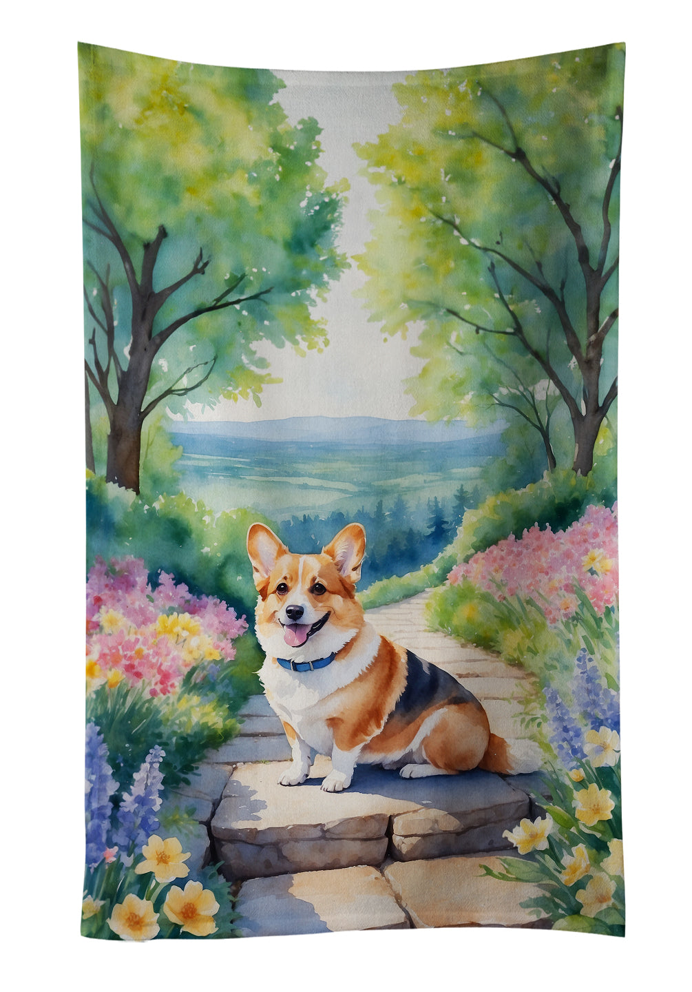Corgi Spring Path Kitchen Towel Velour Plush Front and Cotton Loop Back Machine Washable