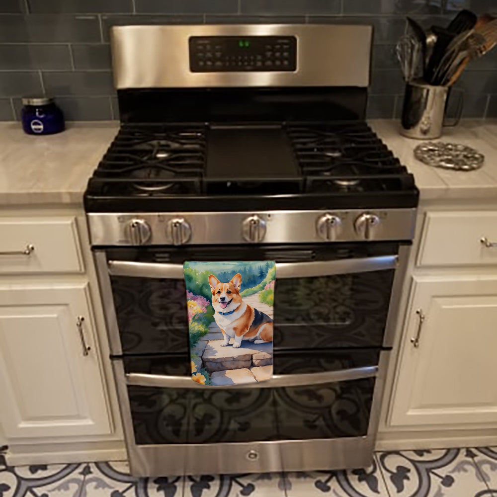 Corgi Spring Path Kitchen Towel Velour Plush Front and Cotton Loop Back Machine Washable