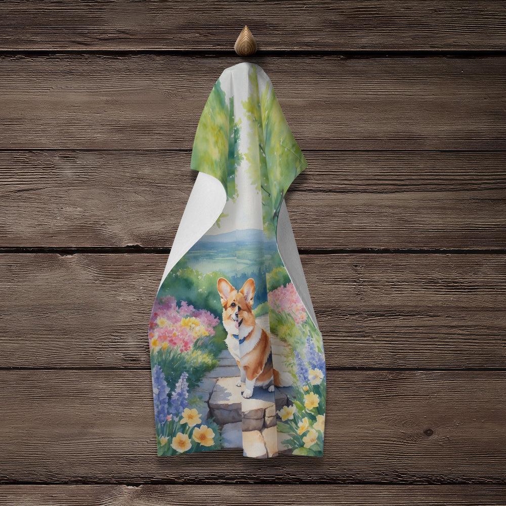 Corgi Spring Path Kitchen Towel Velour Plush Front and Cotton Loop Back Machine Washable