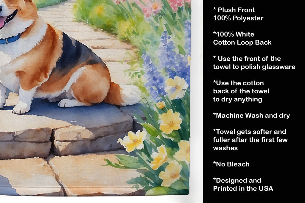 Corgi Spring Path Kitchen Towel Velour Plush Front and Cotton Loop Back Machine Washable