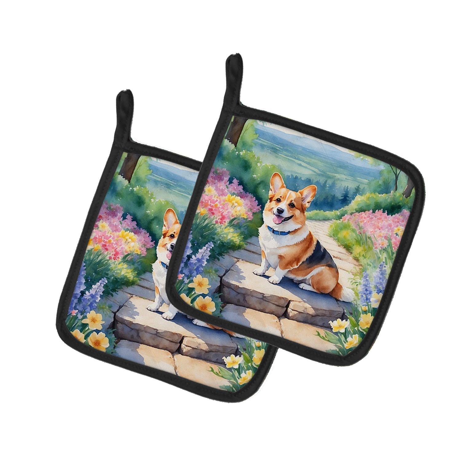 Corgi Spring Path Pot Holder Set of 2 Heat Resistant Quilted Hot Pads 7.5 x 7.5 Inch, Insulated Kitchen Trivets for Cooking & Baking