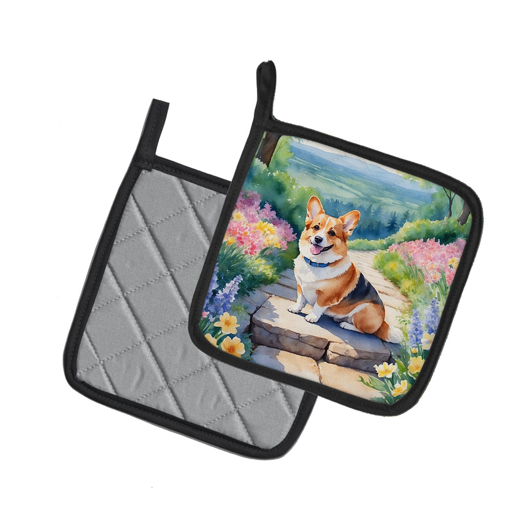 Corgi Spring Path Pot Holder Set of 2 Heat Resistant Quilted Hot Pads 7.5 x 7.5 Inch, Insulated Kitchen Trivets for Cooking & Baking