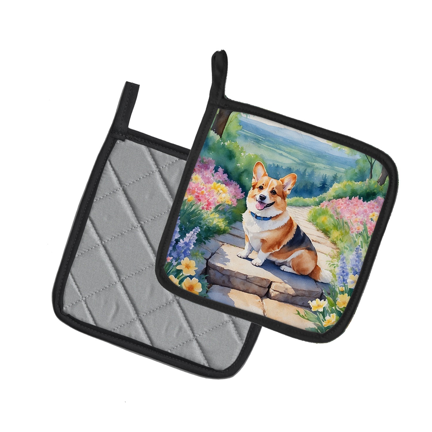 Corgi Spring Path Pot Holder Set of 2 Heat Resistant Quilted Hot Pads 7.5 x 7.5 Inch, Insulated Kitchen Trivets for Cooking & Baking