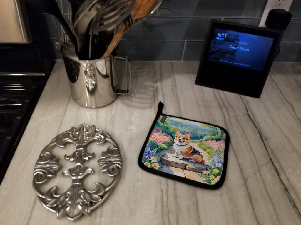 Corgi Spring Path Pot Holder Set of 2 Heat Resistant Quilted Hot Pads 7.5 x 7.5 Inch, Insulated Kitchen Trivets for Cooking & Baking