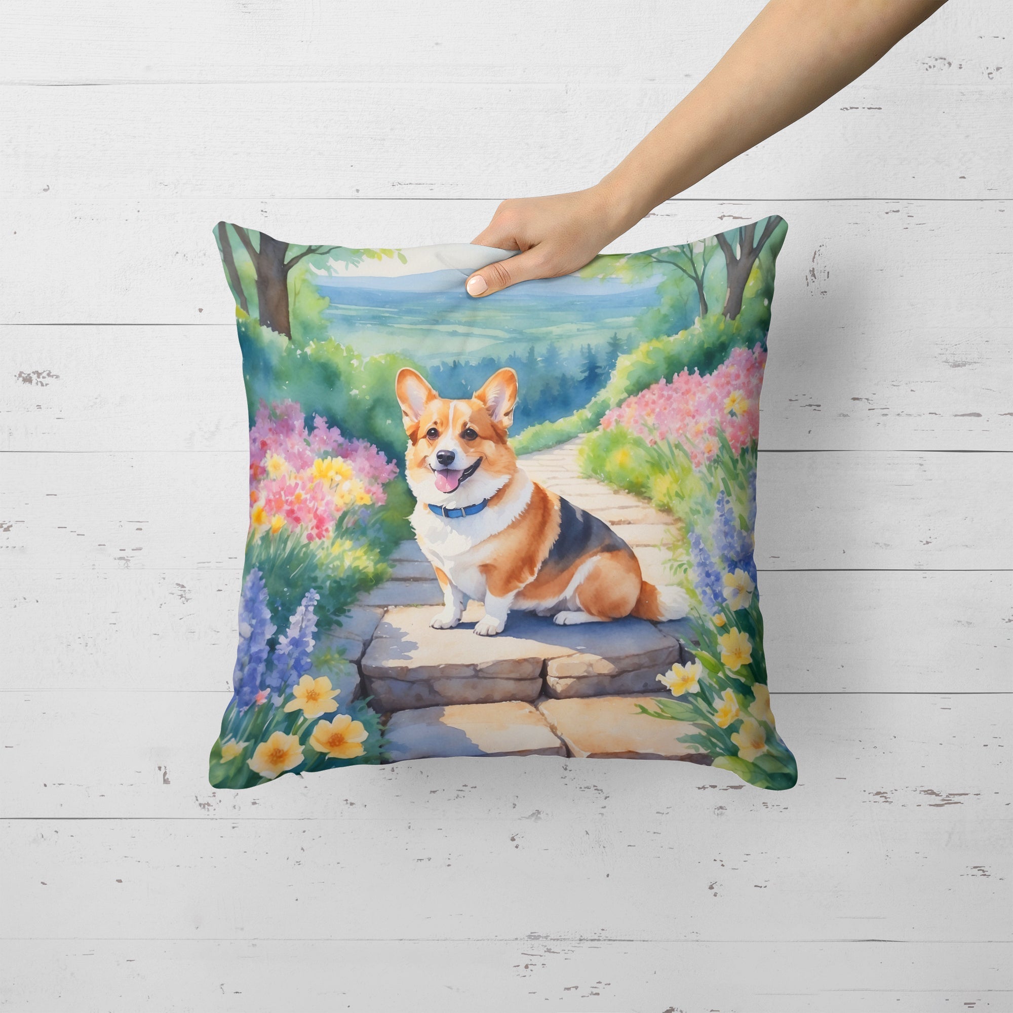 Corgi Spring Path Decorative Throw Pillow 18x18 Indoor Outdoor Accent Cushion, Fabric Cover with Insert for Sofa, Bed, Porch & Living Room