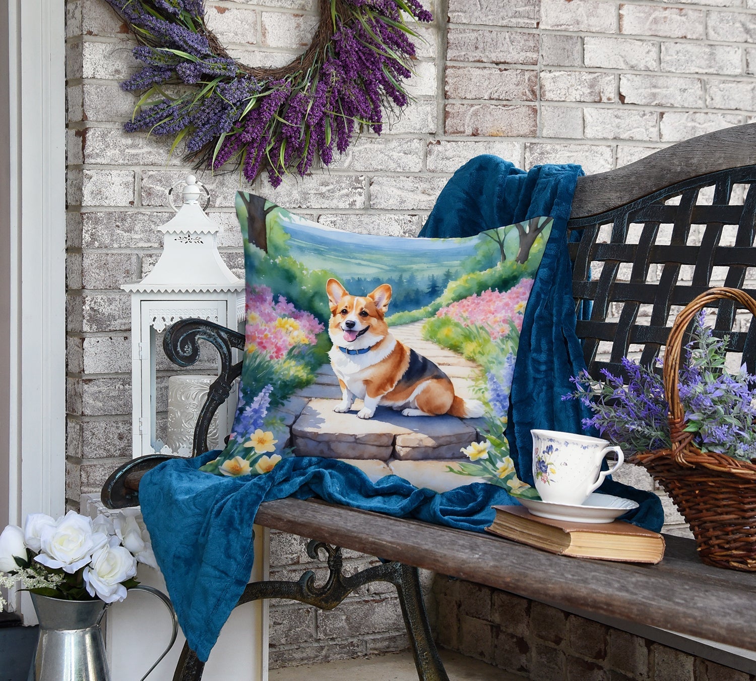 Corgi Spring Path Decorative Throw Pillow 18x18 Indoor Outdoor Accent Cushion, Fabric Cover with Insert for Sofa, Bed, Porch & Living Room