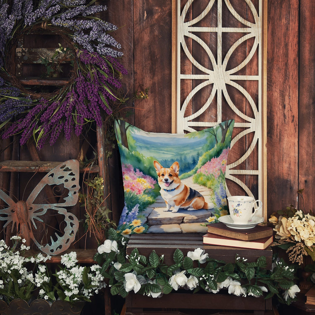 Corgi Spring Path Decorative Throw Pillow 18x18 Indoor Outdoor Accent Cushion, Fabric Cover with Insert for Sofa, Bed, Porch & Living Room